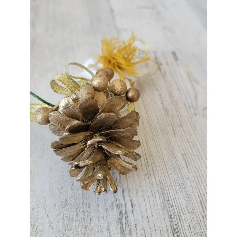 Vintage wooden angel pine cone golden ornament‎ Xmas decor trumpet